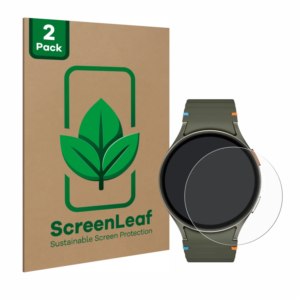 Front side of a product packaging with the brand logo ScreenLeaf. Next to it is the device Samsung Galaxy Watch 7 (44 mm) show