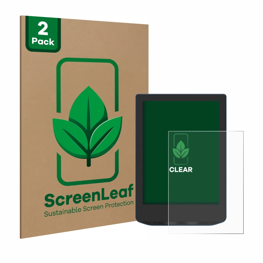 Front side of a product packaging with the brand logo ScreenLeaf. Next to it is the device PocketBook Verse Pro Color shown wi