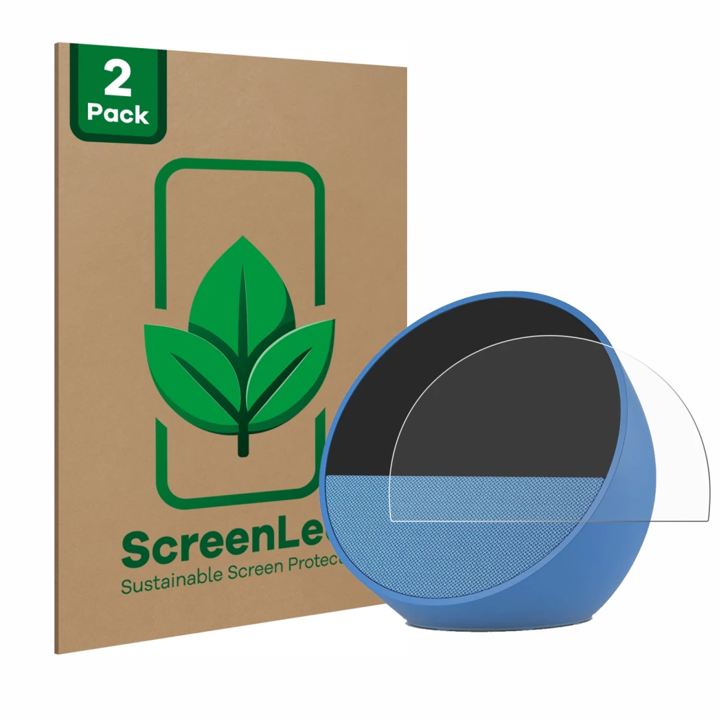 Front side of a product packaging with the brand logo ScreenLeaf. Next to it is the device Amazon Echo Spot 2024 shown with th