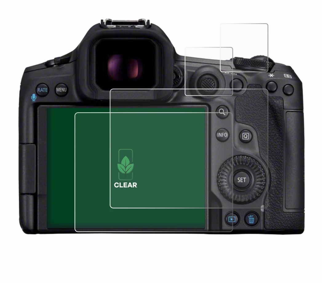 Image of the device Canon EOS R5 Mark II with a wide variety of screen protectors.