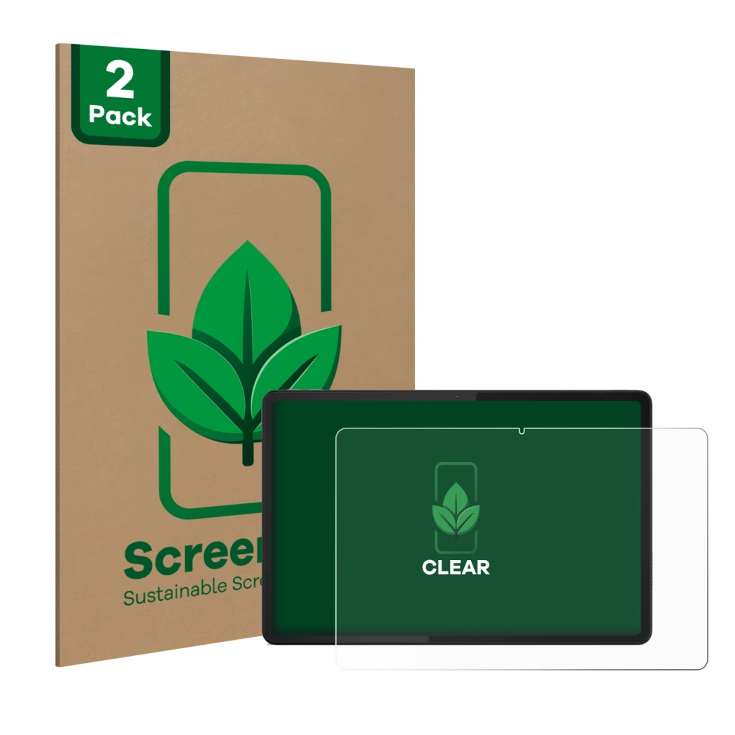 Front side of a product packaging with the brand logo ScreenLeaf. Next to it is the device Lenovo Tab K11 shown with the corre