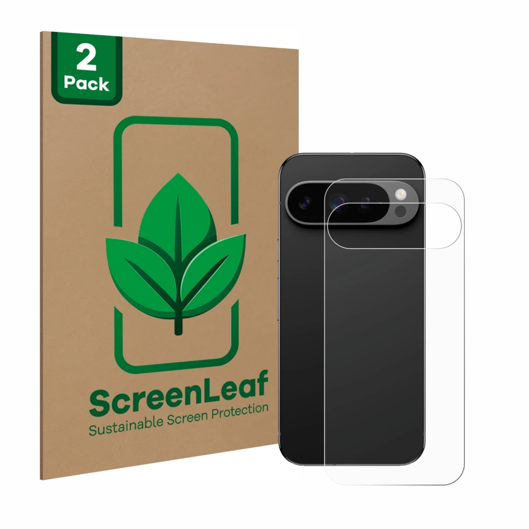 Front side of a product packaging with the brand logo ScreenLeaf. Next to it is the device Google Pixel 9 Pro (Back) shown wit