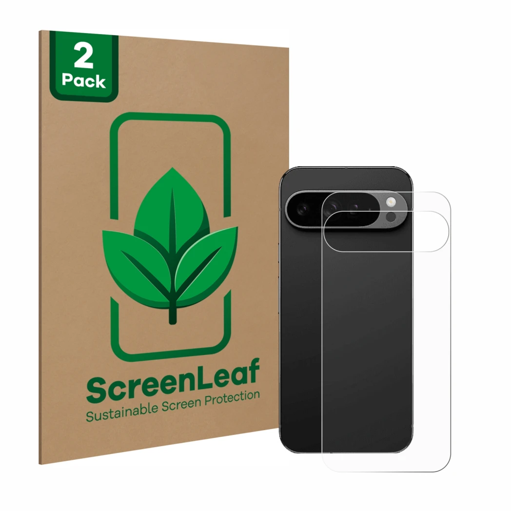 Front side of a product packaging with the brand logo ScreenLeaf. Next to it is the device Google Pixel 9 Pro XL (Back) shown 