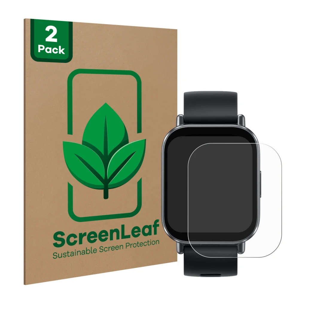 Front side of a product packaging with the brand logo ScreenLeaf. Next to it is the device Xiaomi Redmi Watch 5 Active shown w