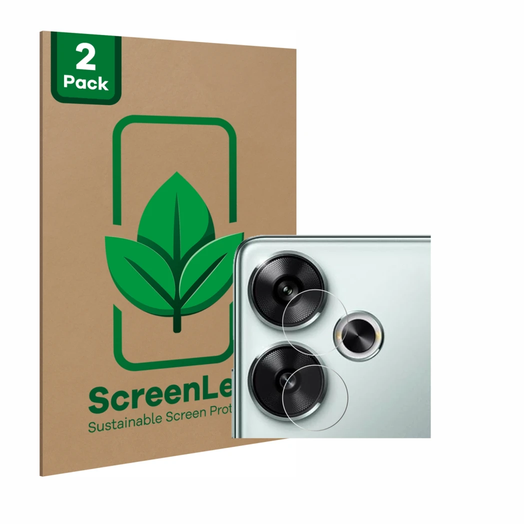 Front side of a product packaging with the brand logo ScreenLeaf. Next to it is the device Xiaomi Poco F6 (ONLY Camera Lens) s