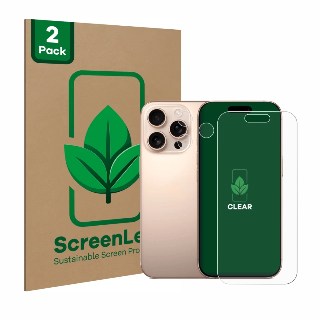 Front side of a product packaging with the brand logo ScreenLeaf. Next to it is the device Apple iPhone 16 Pro (Front+Camera) 