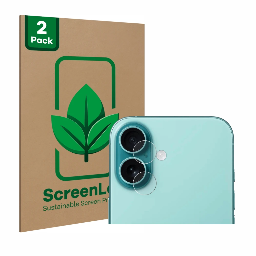 Front side of a product packaging with the brand logo ScreenLeaf. Next to it is the device Apple iPhone 16 Plus (ONLY Camera L