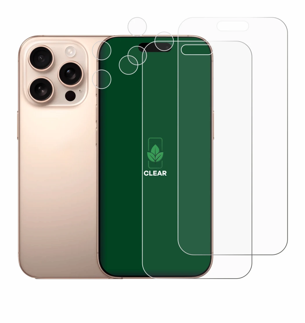 Image of the device Apple iPhone 16 Pro Max (Front+Camera) with a wide variety of screen protectors.
