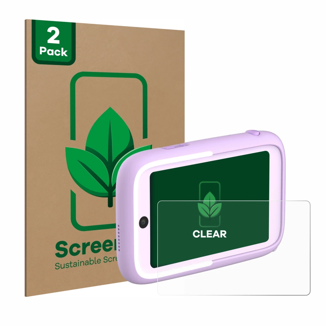 Front side of a product packaging with the brand logo ScreenLeaf. Next to it is the device Myfirst Camera 50 shown with the co