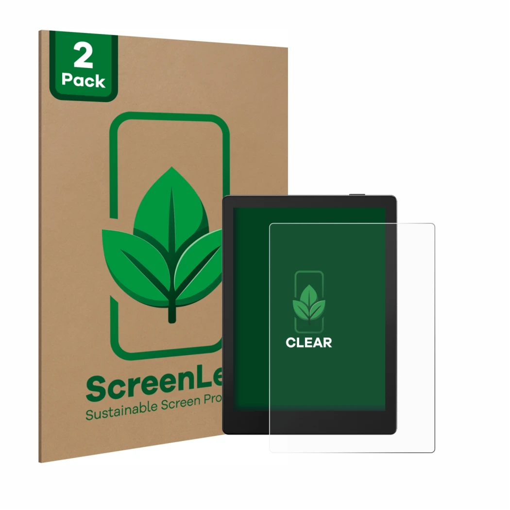 Front side of a product packaging with the brand logo ScreenLeaf. Next to it is the device Boox Go 6 shown with the correspond