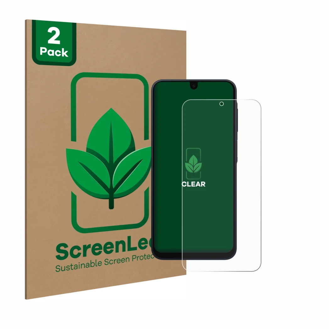 Front side of a product packaging with the brand logo ScreenLeaf. Next to it is the device Samsung Galaxy A16 5G shown with th