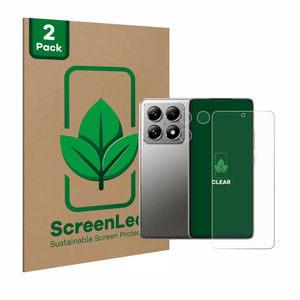 Front side of a product packaging with the brand logo ScreenLeaf. Next to it is the device Xiaomi 14T Pro (Front+Camera) shown