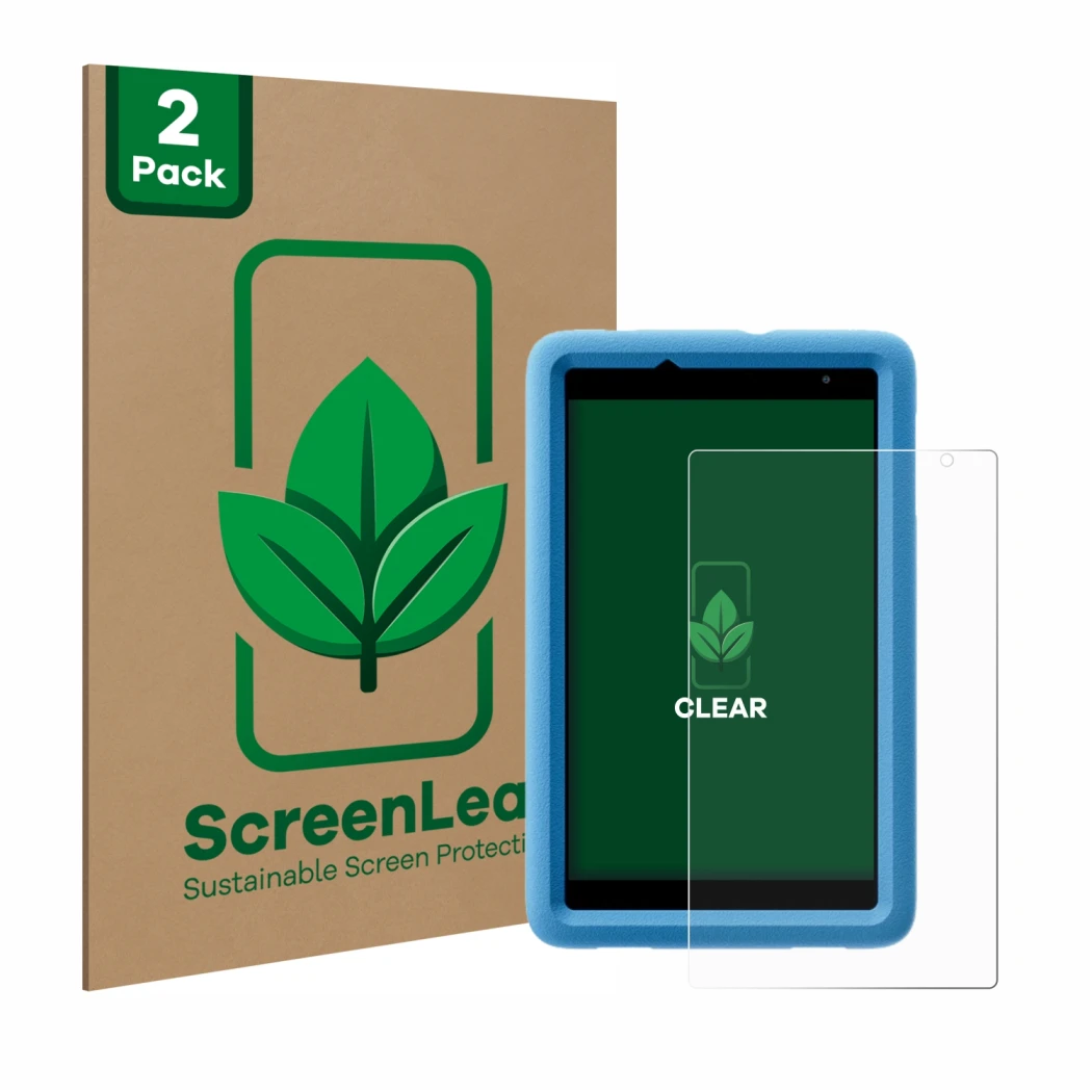 Front side of a product packaging with the brand logo ScreenLeaf. Next to it is the device Blackview Tab A5 Kids shown with th