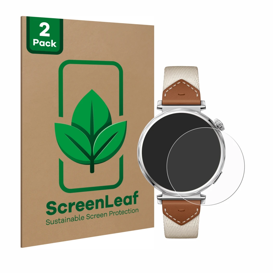Front side of a product packaging with the brand logo ScreenLeaf. Next to it is the device Huawei Watch GT 5 (41 mm) shown wit
