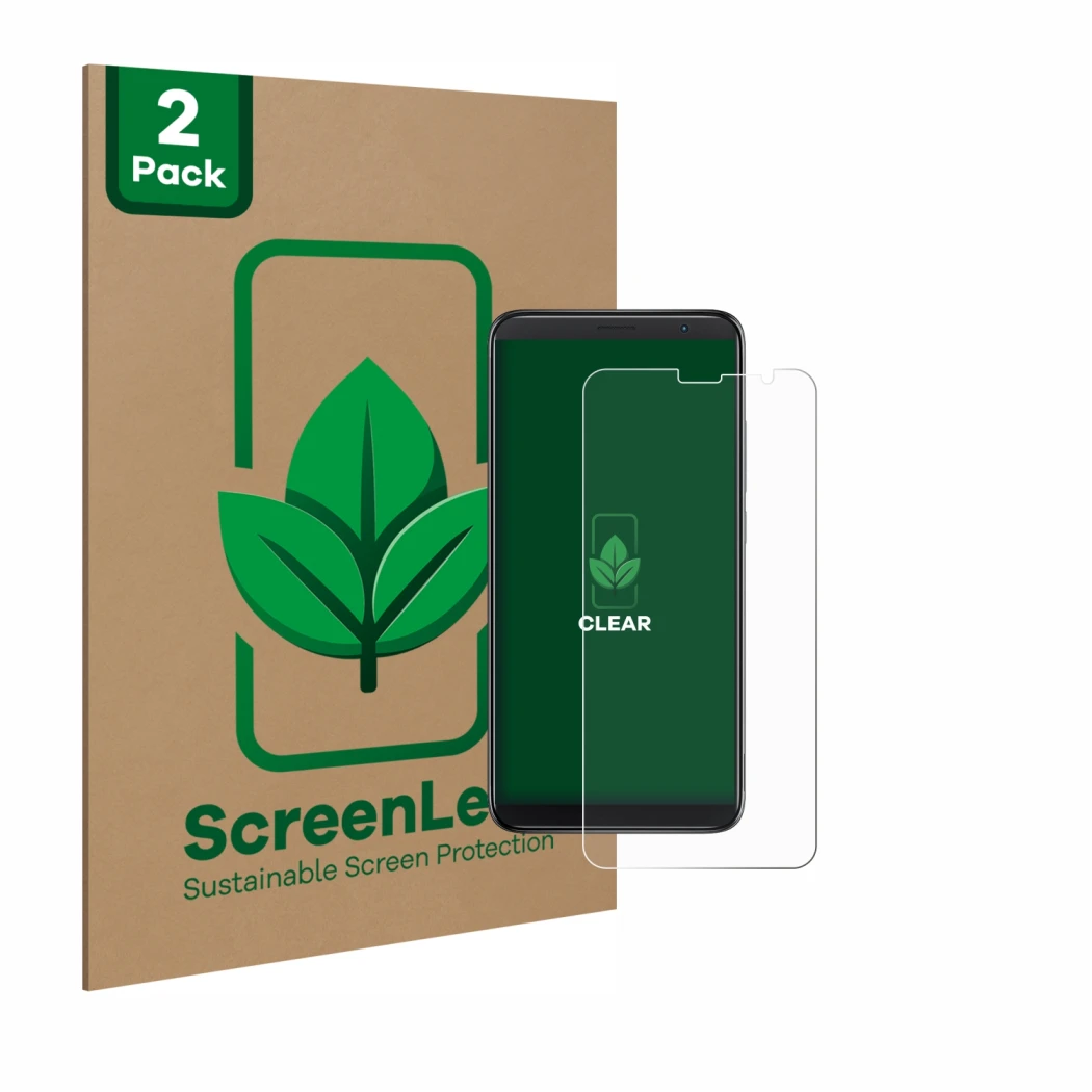 Front side of a product packaging with the brand logo ScreenLeaf. Next to it is the device TCL 403 shown with the correspondin