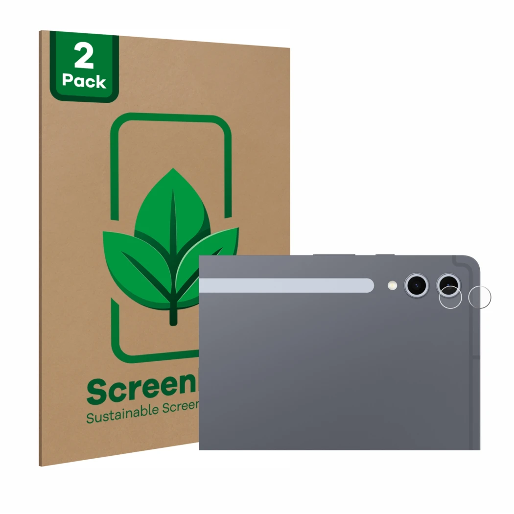 Front side of a product packaging with the brand logo ScreenLeaf. Next to it is the device Samsung Galaxy Tab S10 Plus WiFi (O