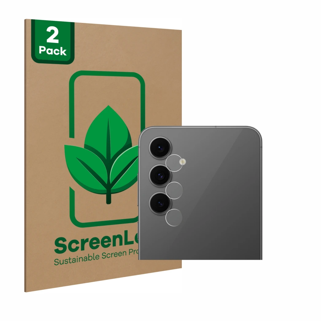 Front side of a product packaging with the brand logo ScreenLeaf. Next to it is the device Samsung Galaxy S24 FE (ONLY Camera 
