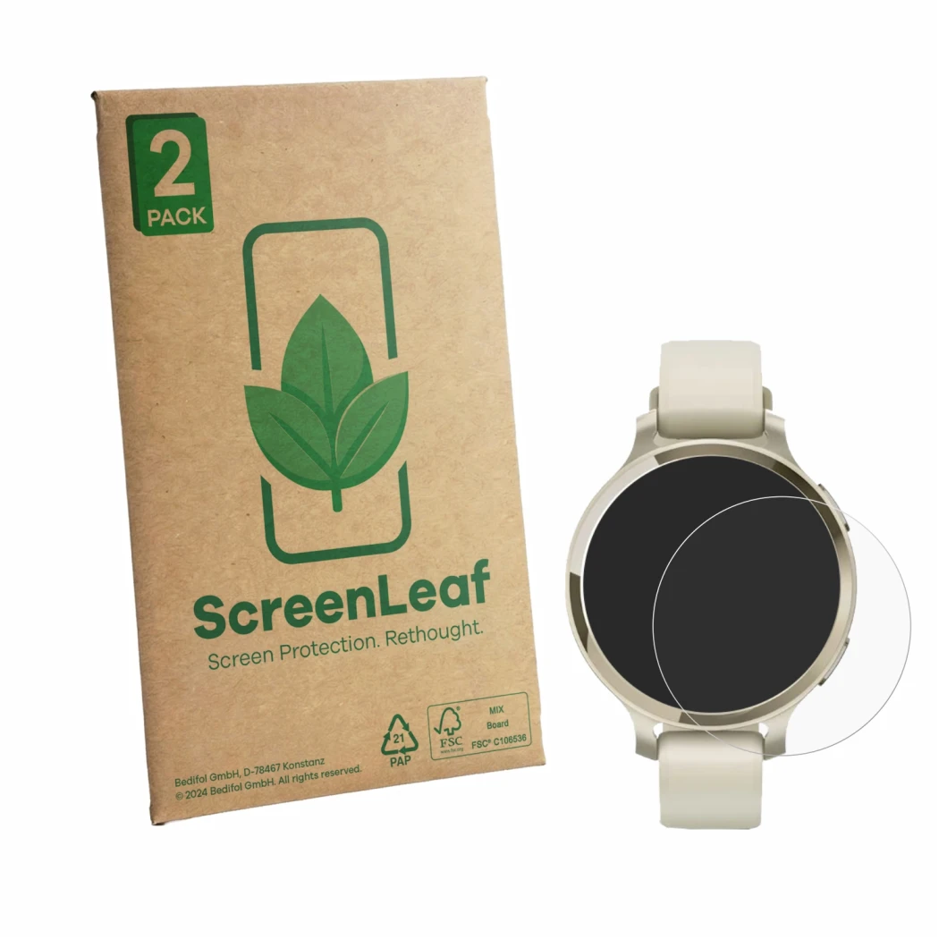 Front side of a product packaging with the brand logo ScreenLeaf. Next to it is the device Garmin Lily 2 Active shown with the