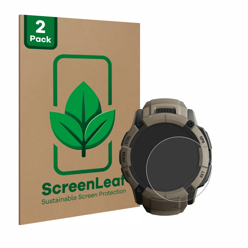 Front side of a product packaging with the brand logo ScreenLeaf. Next to it is the device Garmin Instinct 2X Solar Tactical E