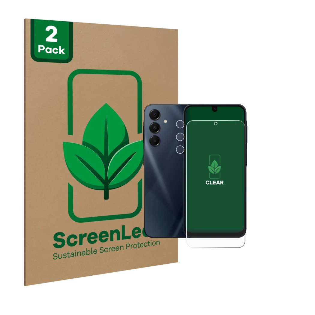 Front side of a product packaging with the brand logo ScreenLeaf. Next to it is the device Samsung Galaxy A16 5G (Front+Camera
