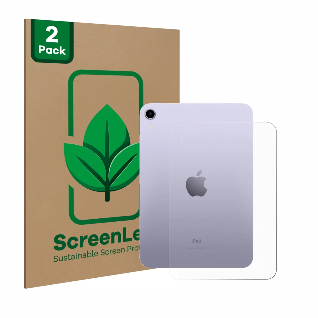 Front side of a product packaging with the brand logo ScreenLeaf. Next to it is the device Apple iPad Mini 7 2024 (Back) shown