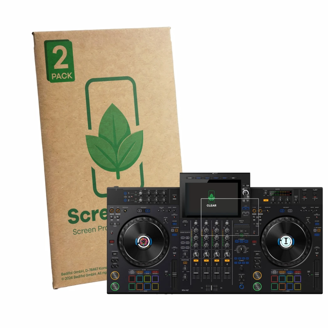 Front side of a product packaging with the brand logo ScreenLeaf. Next to it is the device AlphaTheta XDJ-AZ shown with the co