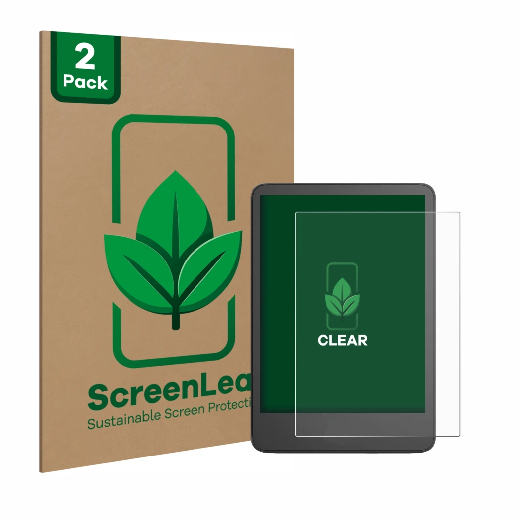 Front side of a product packaging with the brand logo ScreenLeaf. Next to it is the device Amazon Kindle 2024 shown with the c