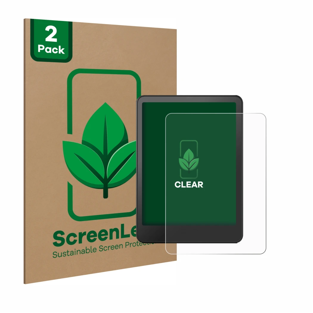 Front side of a product packaging with the brand logo ScreenLeaf. Next to it is the device Amazon Kindle Colorsoft Signature E