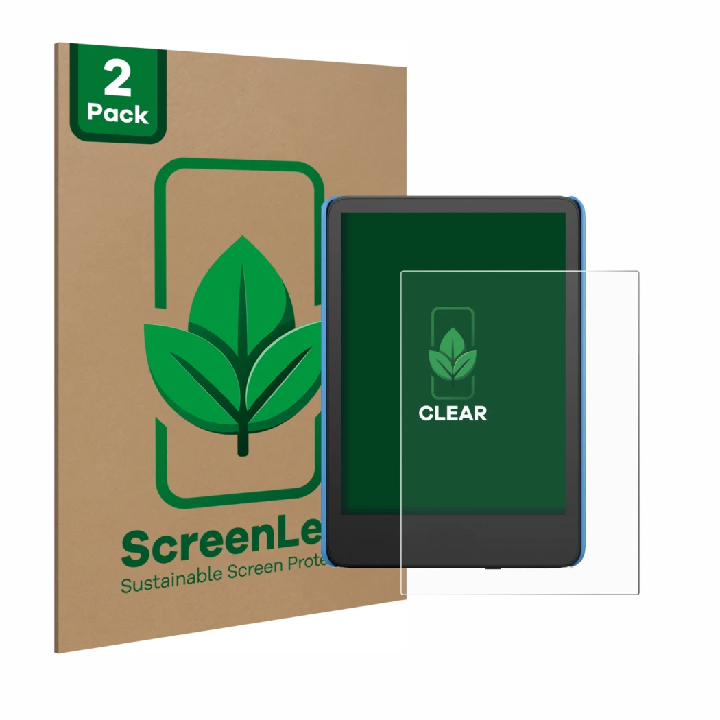 Front side of a product packaging with the brand logo ScreenLeaf. Next to it is the device Amazon Kindle Kids (2024) shown wit