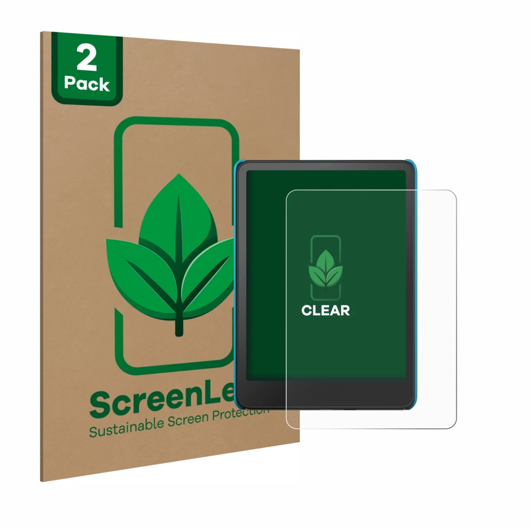 Front side of a product packaging with the brand logo ScreenLeaf. Next to it is the device Amazon Kindle Paperwhite Kids 2024 