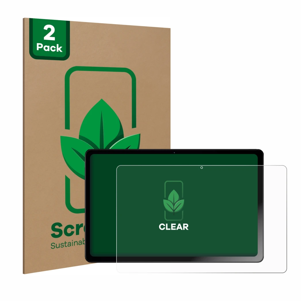Front side of a product packaging with the brand logo ScreenLeaf. Next to it is the device HMD T21 shown with the correspondin
