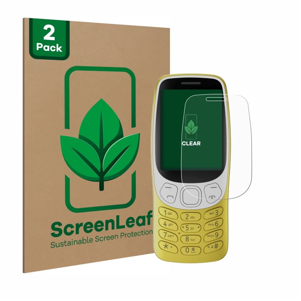 Front side of a product packaging with the brand logo ScreenLeaf. Next to it is the device Nokia 3210 shown with the correspon