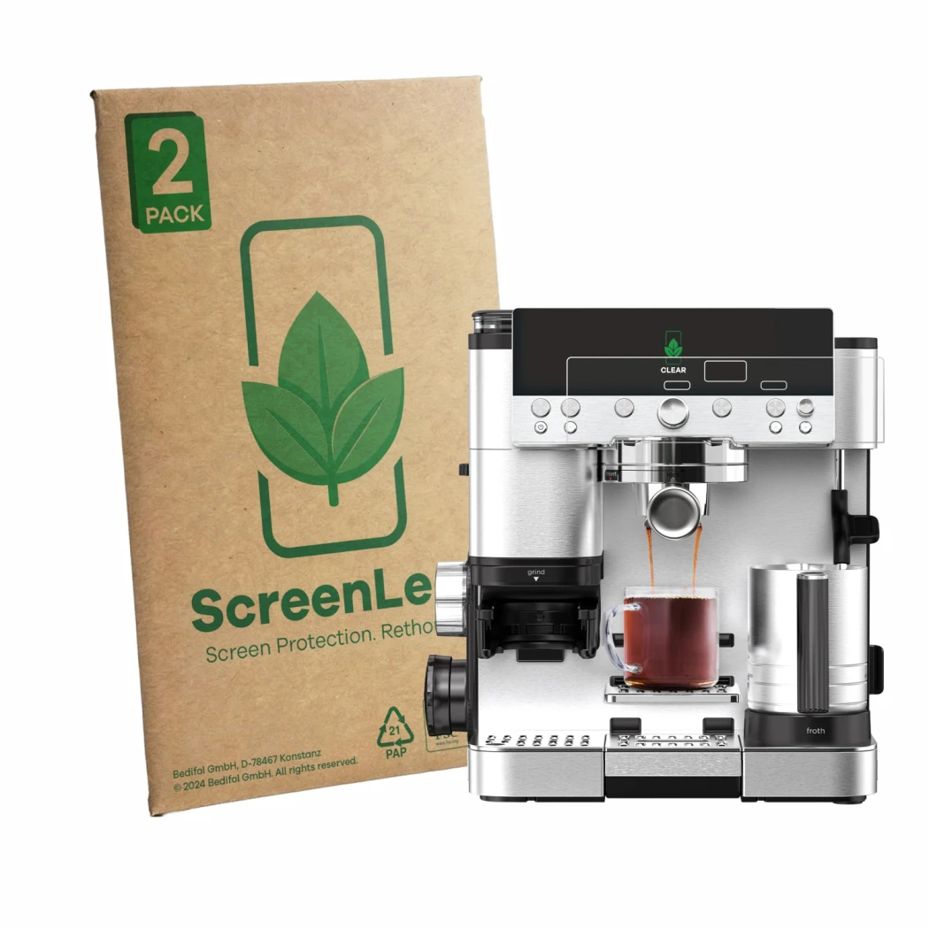 Front side of a product packaging with the brand logo ScreenLeaf. Next to it is the device Ninja Luxe Cafe Premier ES601EU sho