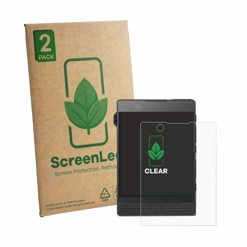 Front side of a product packaging with the brand logo ScreenLeaf. Next to it is the device Light Phone 3 shown with the corres