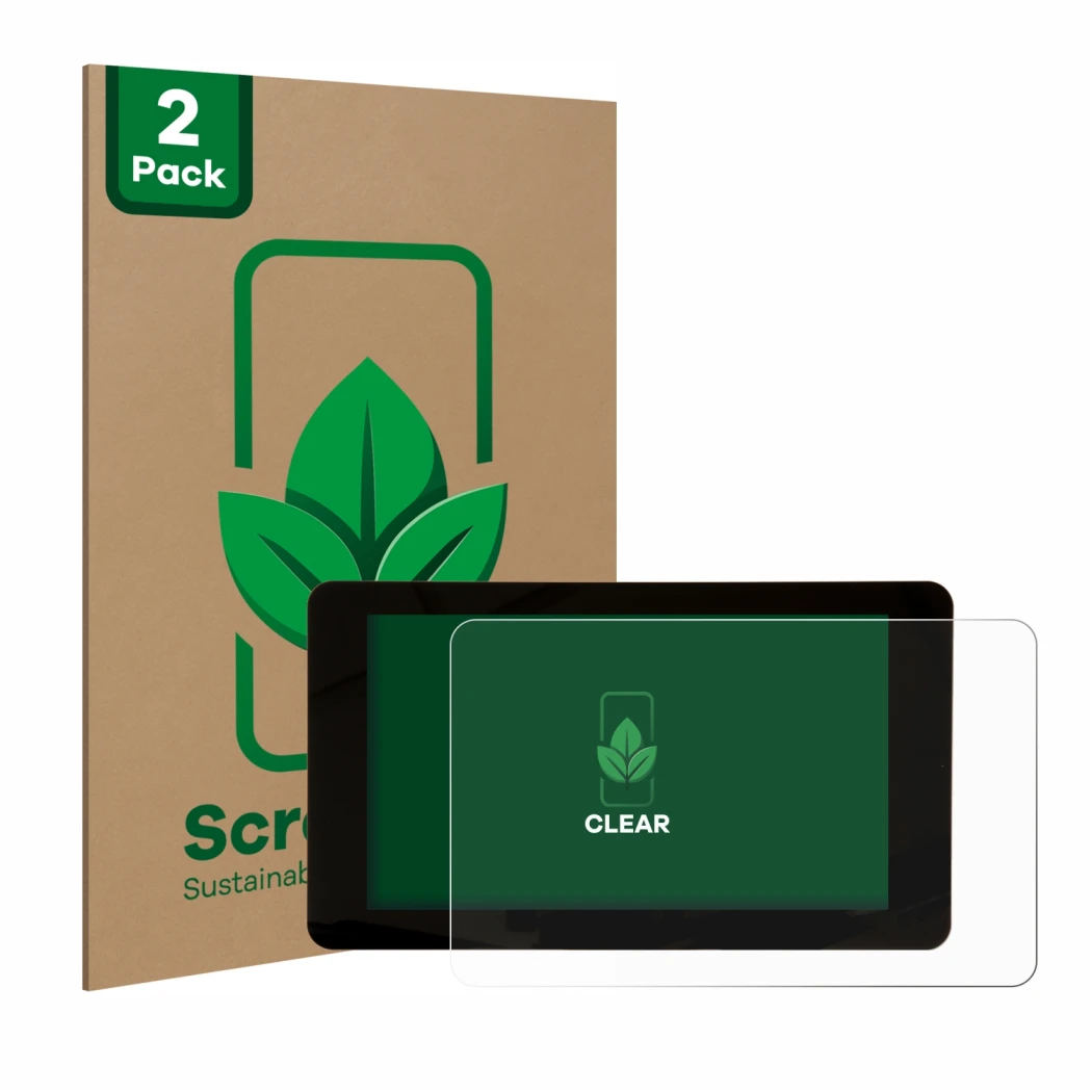 Front side of a product packaging with the brand logo ScreenLeaf. Next to it is the device Raspberry Pi Touchscreen 2 (7