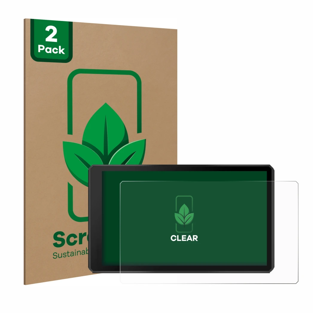 Front side of a product packaging with the brand logo ScreenLeaf. Next to it is the device Garmin Tread 2 Powersport 6