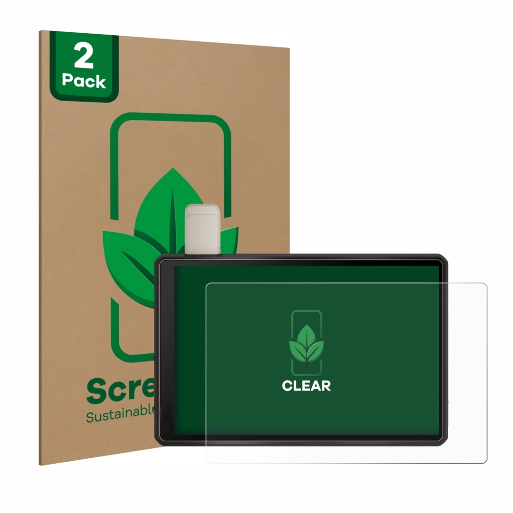 Front side of a product packaging with the brand logo ScreenLeaf. Next to it is the device Garmin Tread XL Overland Edition 10
