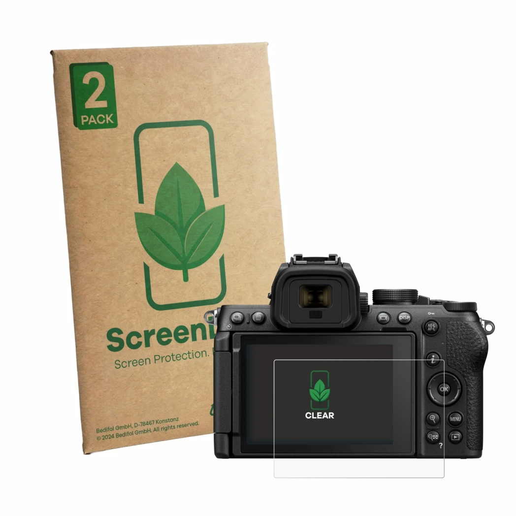 Front side of a product packaging with the brand logo ScreenLeaf. Next to it is the device Nikon Z50 II shown with the corresp