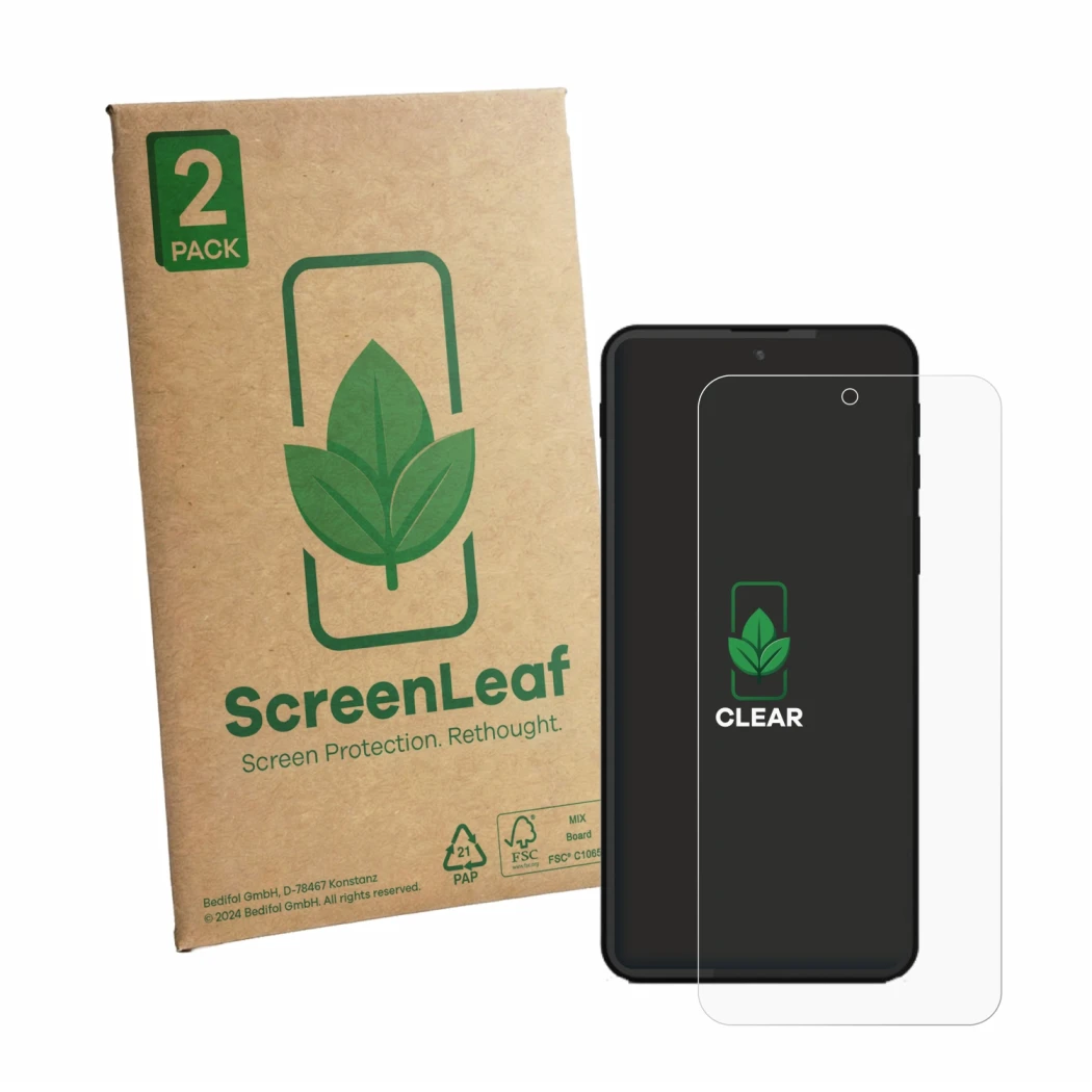 Front side of a product packaging with the brand logo ScreenLeaf. Next to it is the device Shiftphones Shiftphone 8.1 shown wi