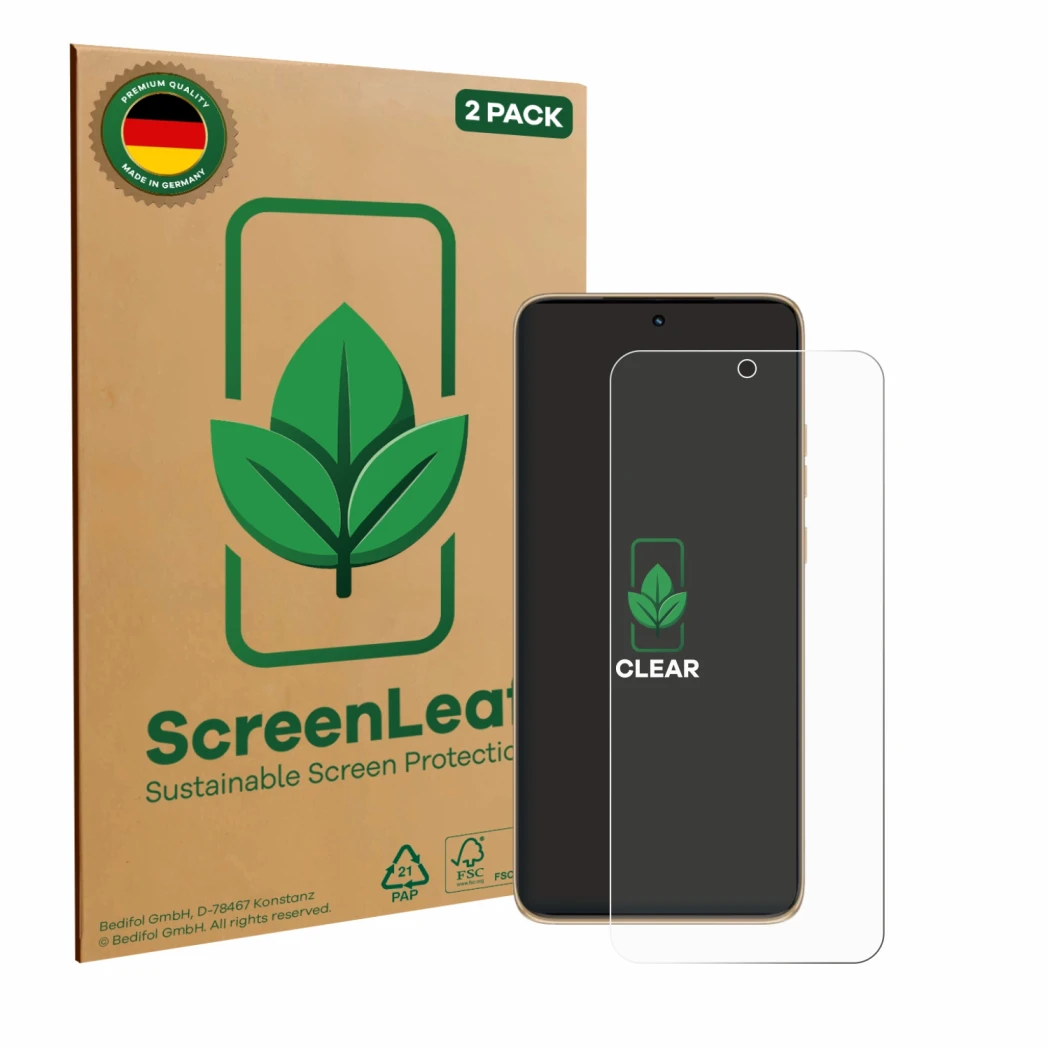 Front side of a product packaging with the brand logo ScreenLeaf. Next to it is the device Motorola Edge 50 Neo shown with the
