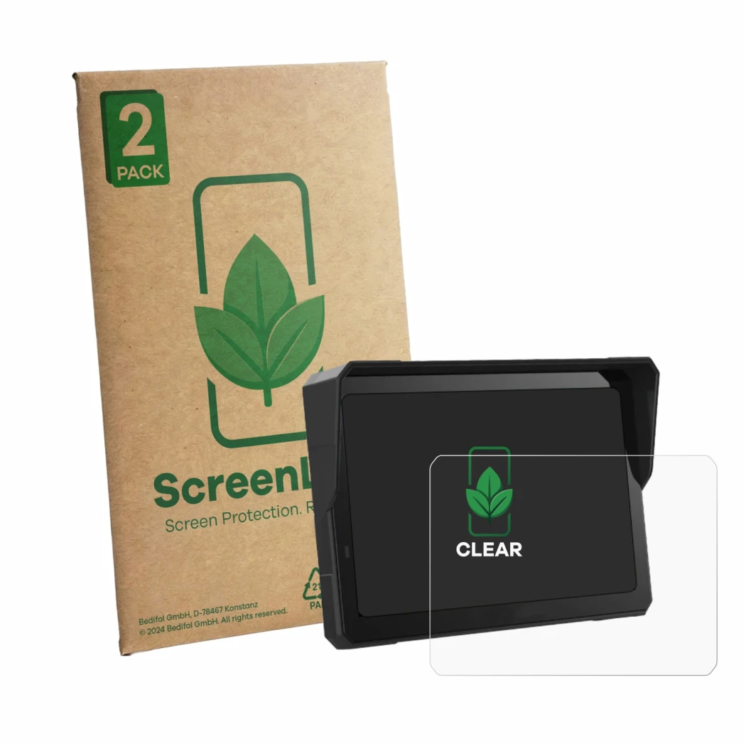 Front side of a product packaging with the brand logo ScreenLeaf. Next to it is the device Carpuride W702 Pro 7
