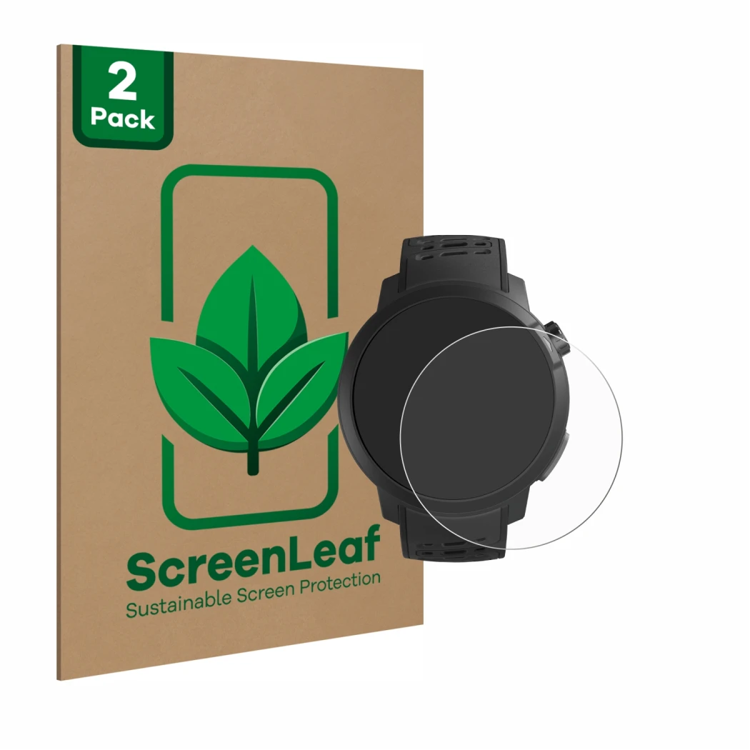 Front side of a product packaging with the brand logo ScreenLeaf. Next to it is the device Coros Pace Pro shown with the corre