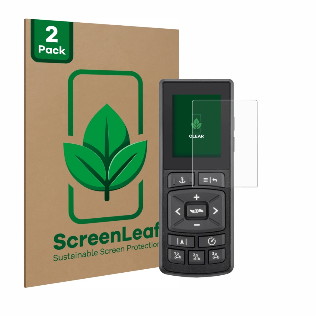 Front side of a product packaging with the brand logo ScreenLeaf. Next to it is the device Minn Kota Advanced GPS Navigation s