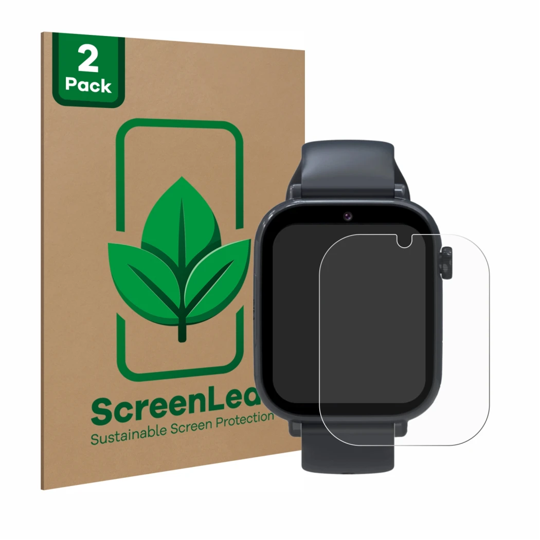 Front side of a product packaging with the brand logo ScreenLeaf. Next to it is the device Forever Kids Smartwatch shown with 