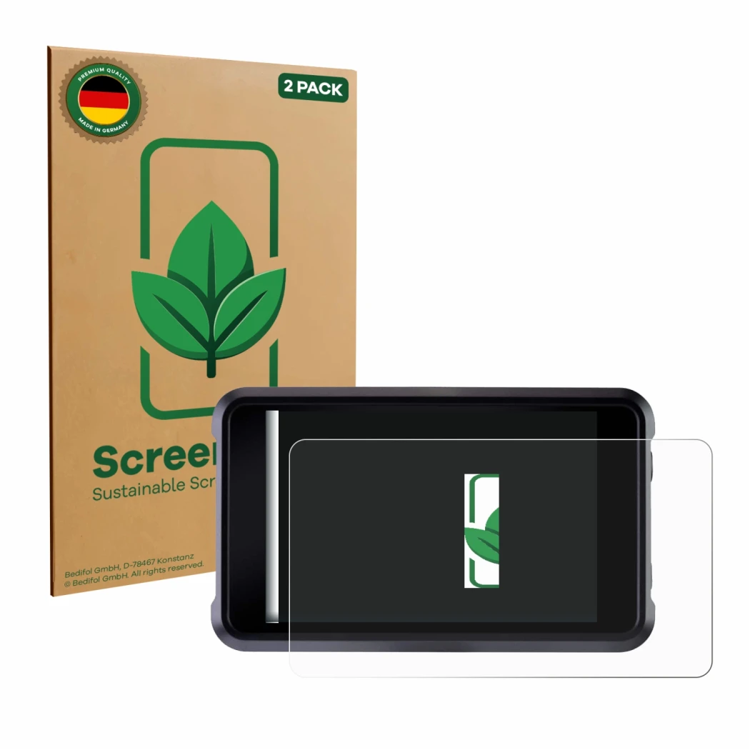 Front side of a product packaging with the brand logo ScreenLeaf. Next to it is the device Atomos Shogun Classic shown with th