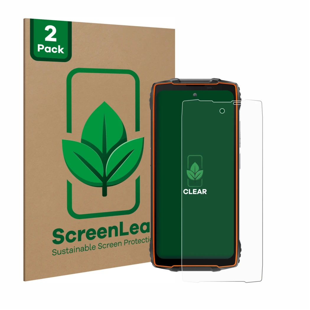 Front side of a product packaging with the brand logo ScreenLeaf. Next to it is the device Blackview BV8200 shown with the cor