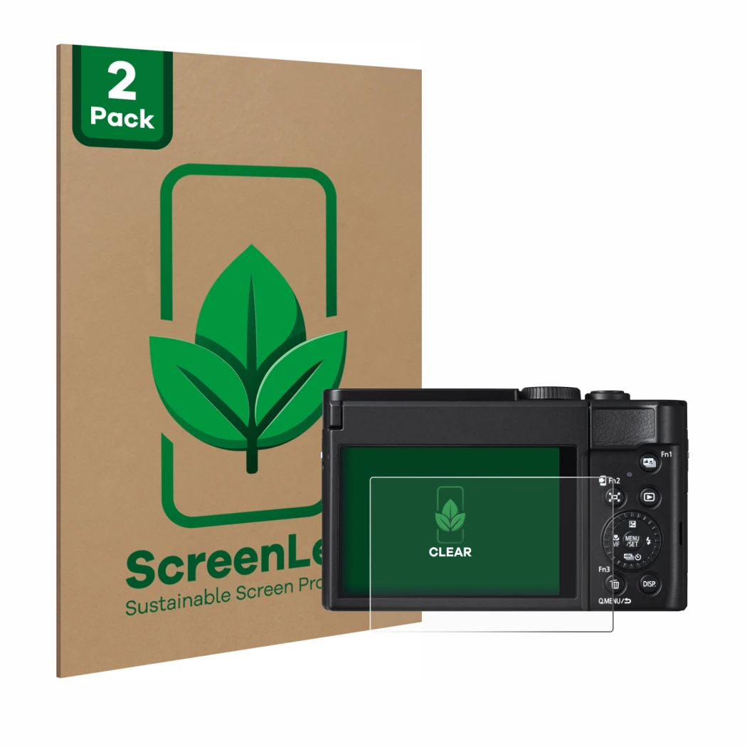 Front side of a product packaging with the brand logo ScreenLeaf. Next to it is the device Panasonic Lumix DC-TZ99 shown with 