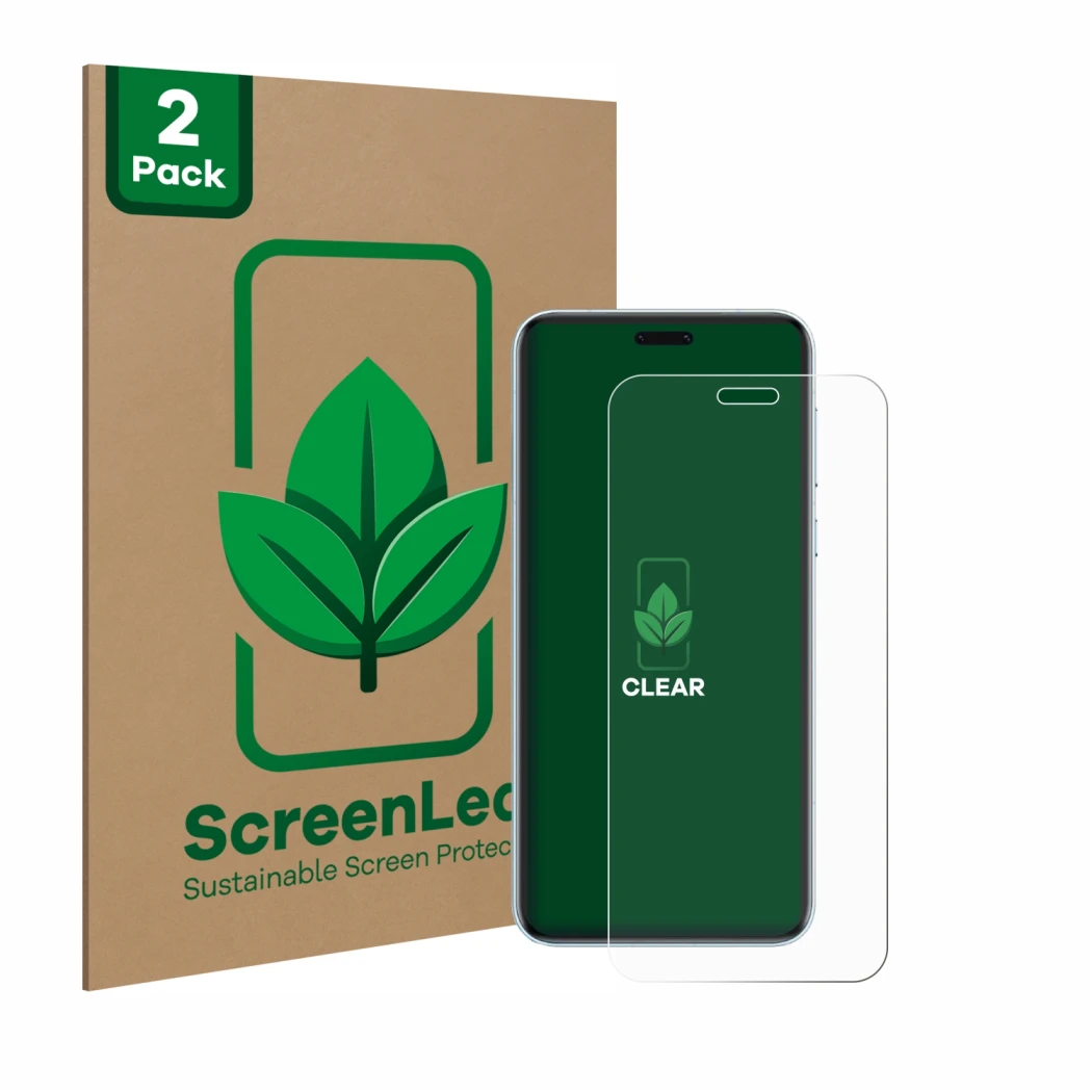 Front side of a product packaging with the brand logo ScreenLeaf. Next to it is the device Honor Magic 7 RSR shown with the co
