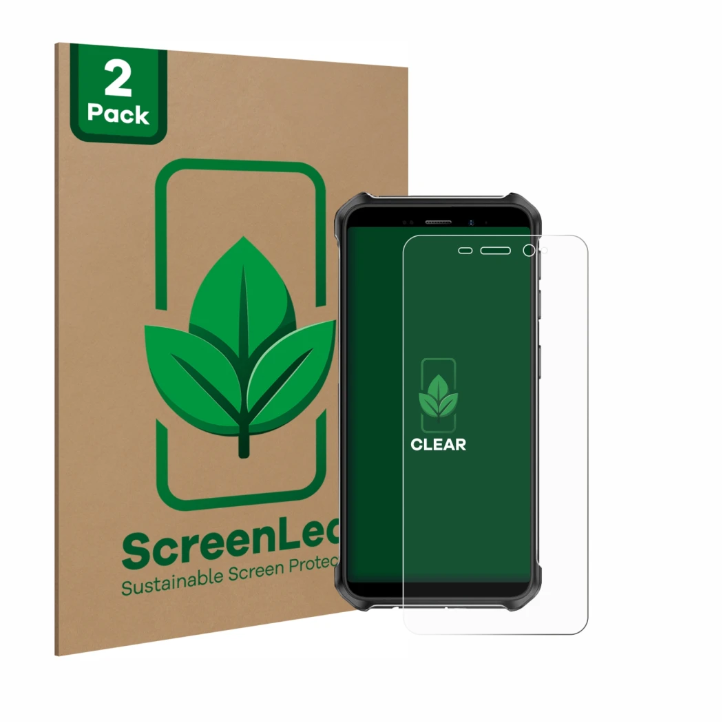 Front side of a product packaging with the brand logo ScreenLeaf. Next to it is the device Ulefone Armor X12 shown with the co