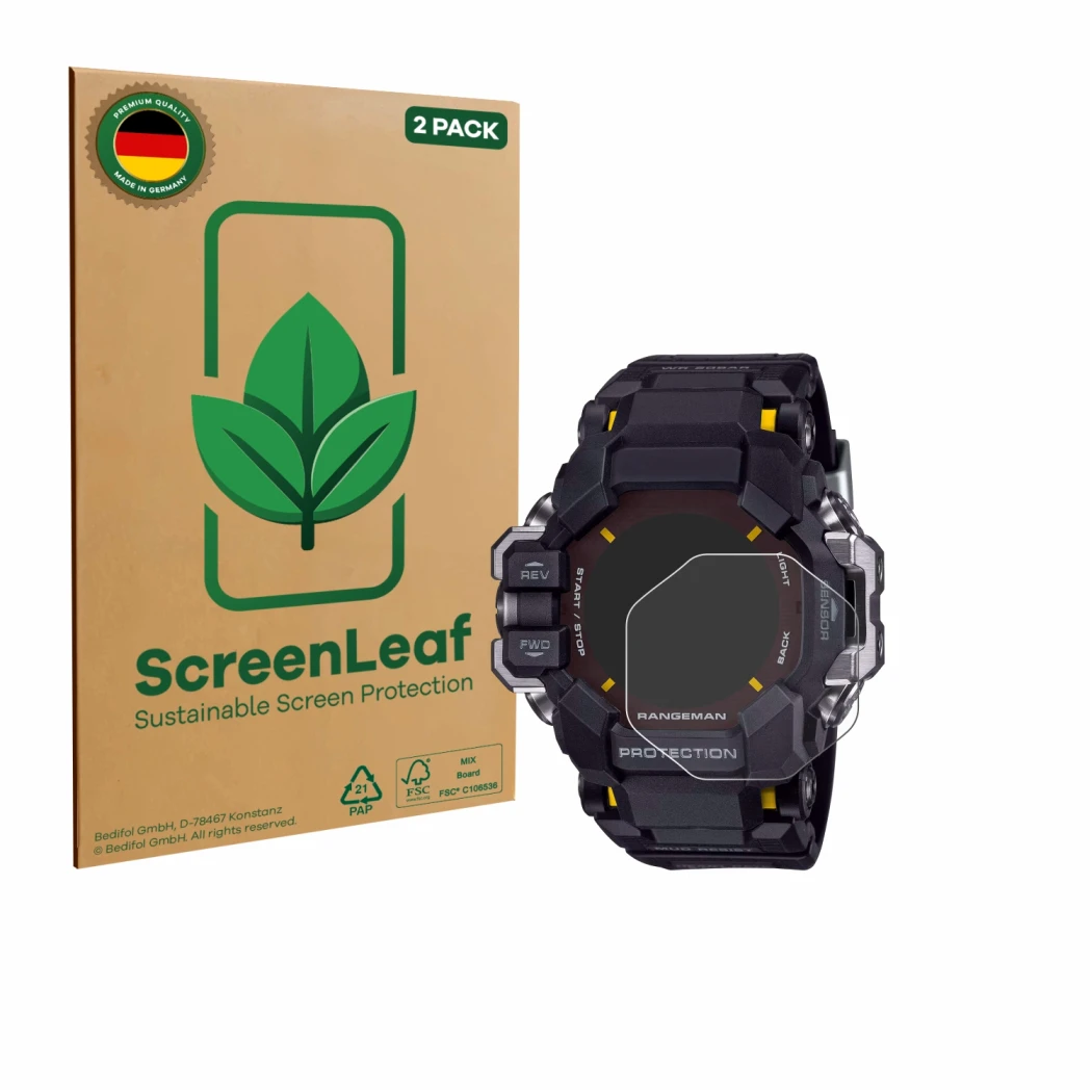 Front side of a product packaging with the brand logo ScreenLeaf. Next to it is the device Casio G-Shock GPR-H 1000 shown with